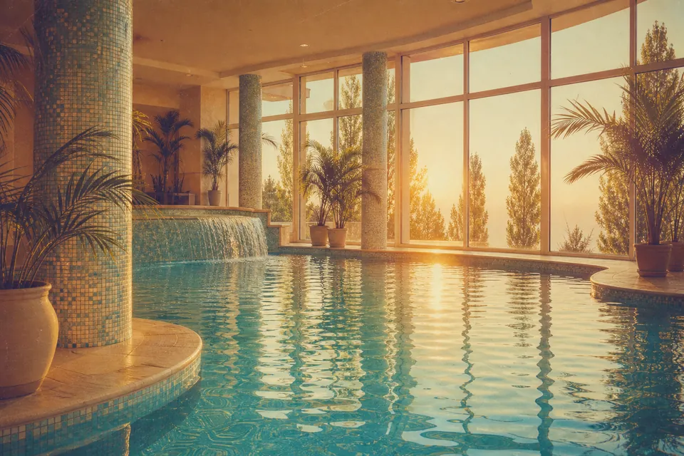Indoor pool with tiled columns, potted palms and evening light