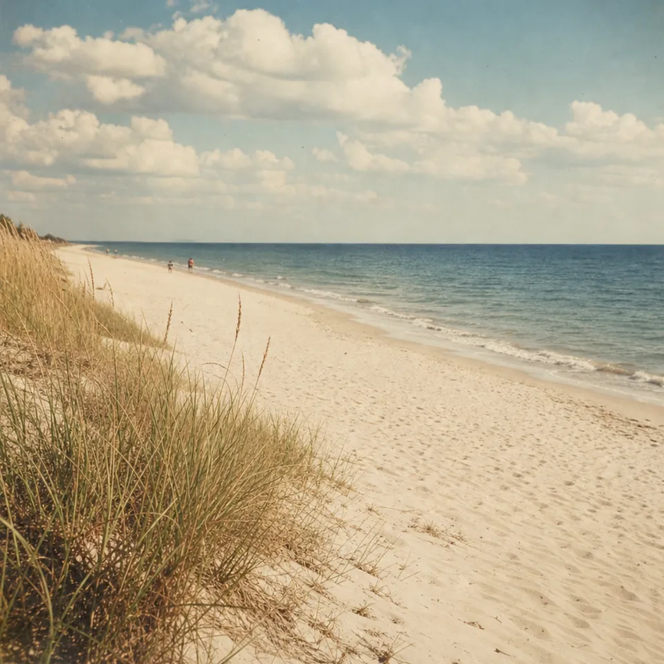 Pale sand beach and grassy dunes on a large lake