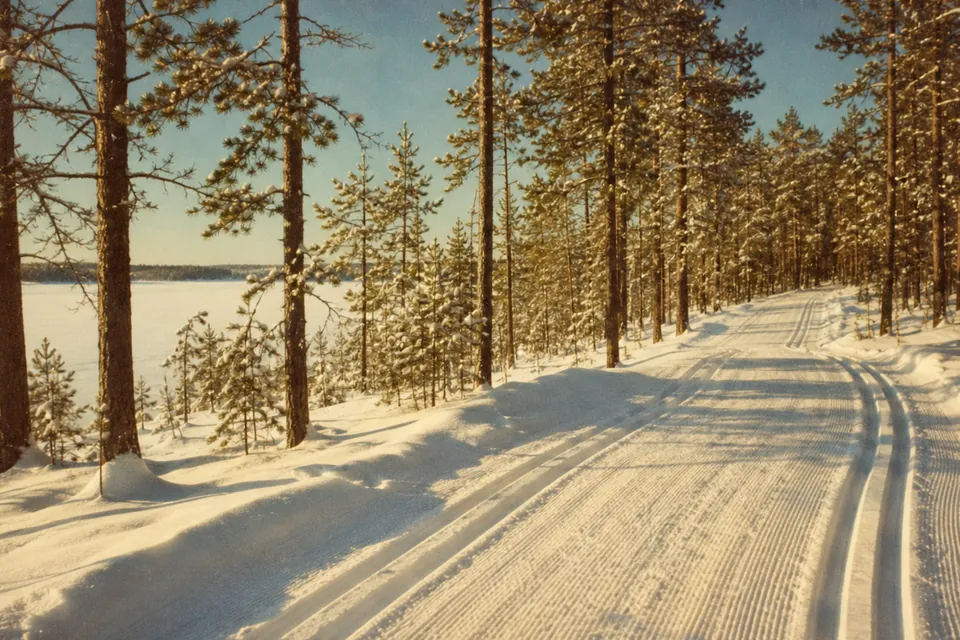Ski tracks through a snowy pine forest beside a frozen lake