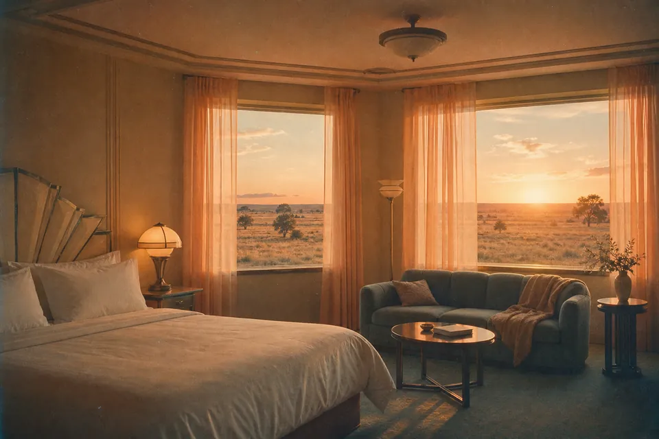 A hotel suite with a king bed and peach curtains